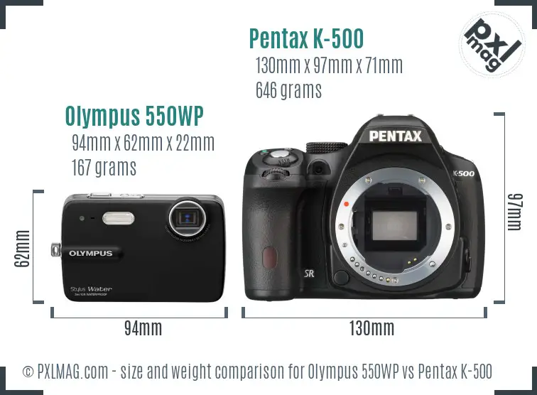 Olympus 550WP vs Pentax K-500 size comparison