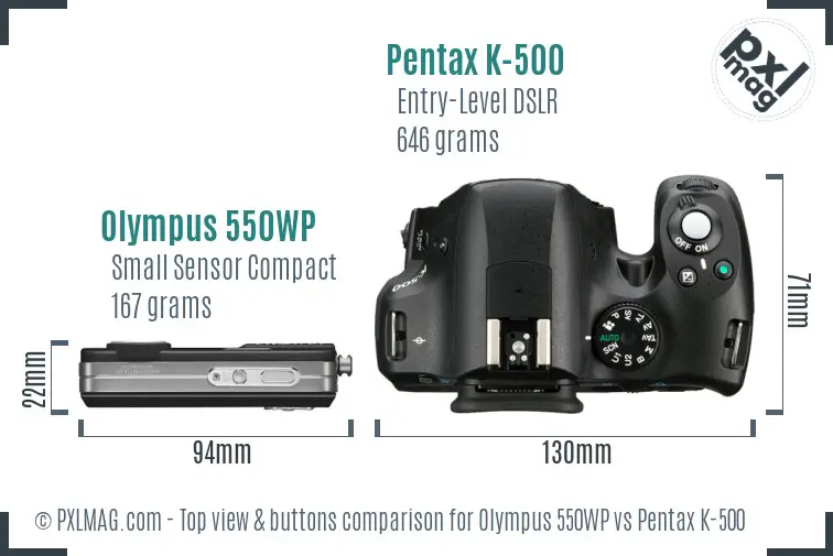 Olympus 550WP vs Pentax K-500 top view buttons comparison