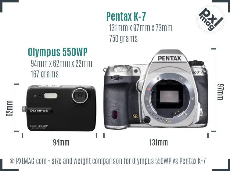 Olympus 550WP vs Pentax K-7 size comparison
