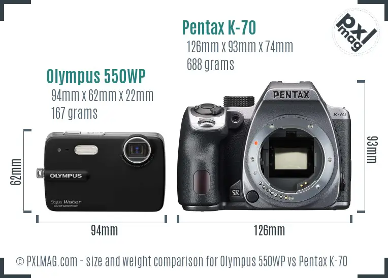 Olympus 550WP vs Pentax K-70 size comparison