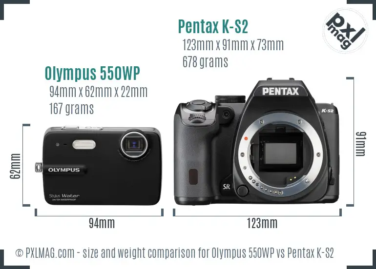 Olympus 550WP vs Pentax K-S2 size comparison
