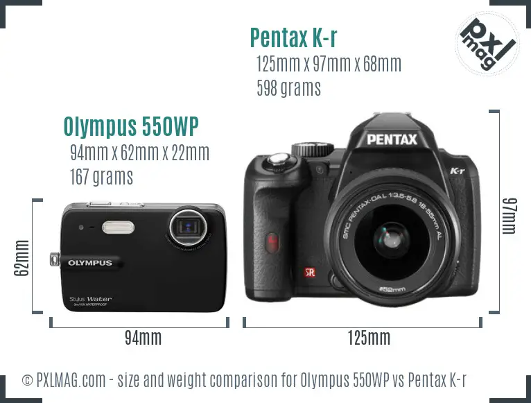 Olympus 550WP vs Pentax K-r size comparison