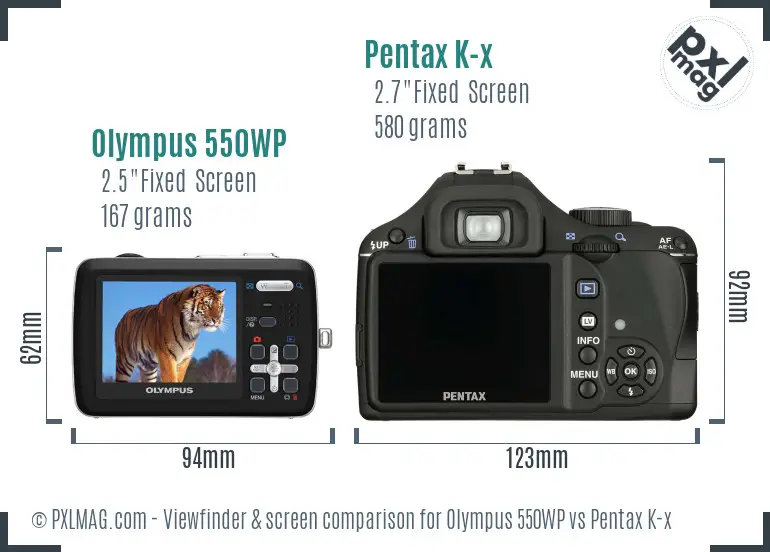 Olympus 550WP vs Pentax K-x Screen and Viewfinder comparison
