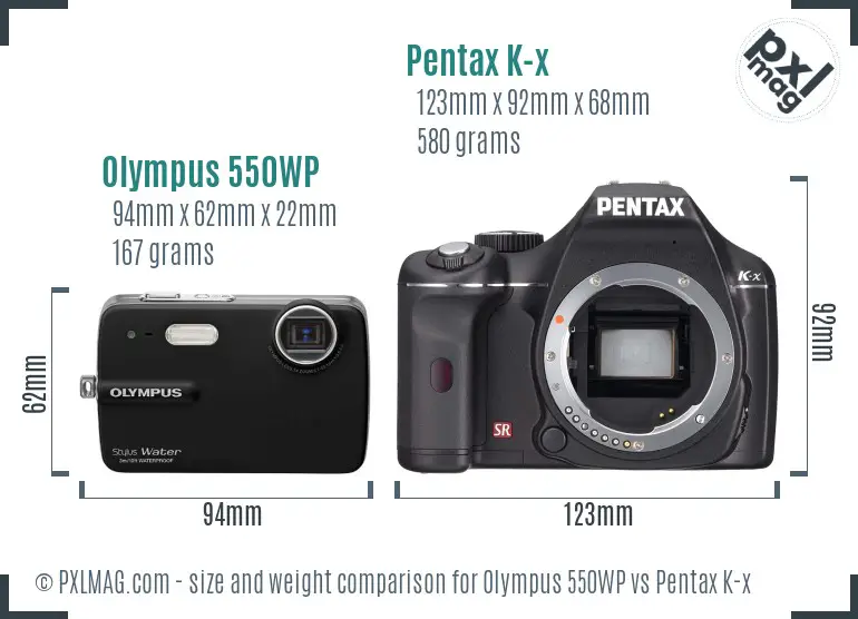 Olympus 550WP vs Pentax K-x size comparison