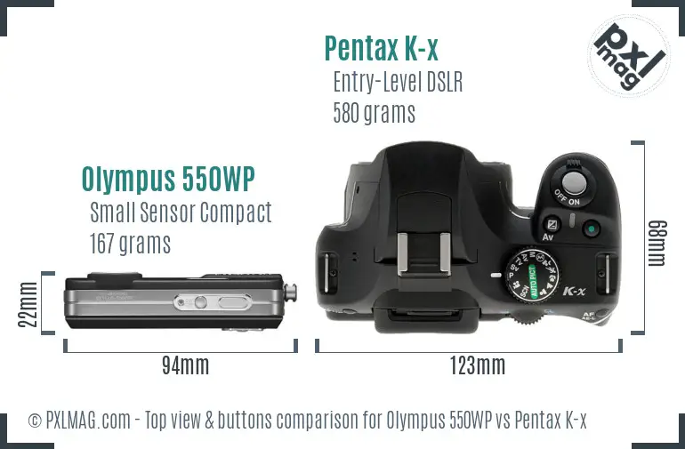 Olympus 550WP vs Pentax K-x top view buttons comparison