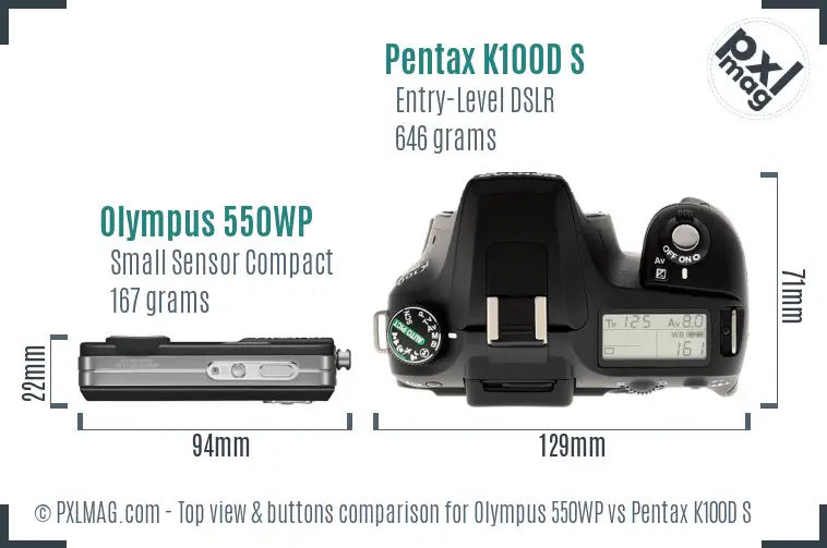 Olympus 550WP vs Pentax K100D S top view buttons comparison