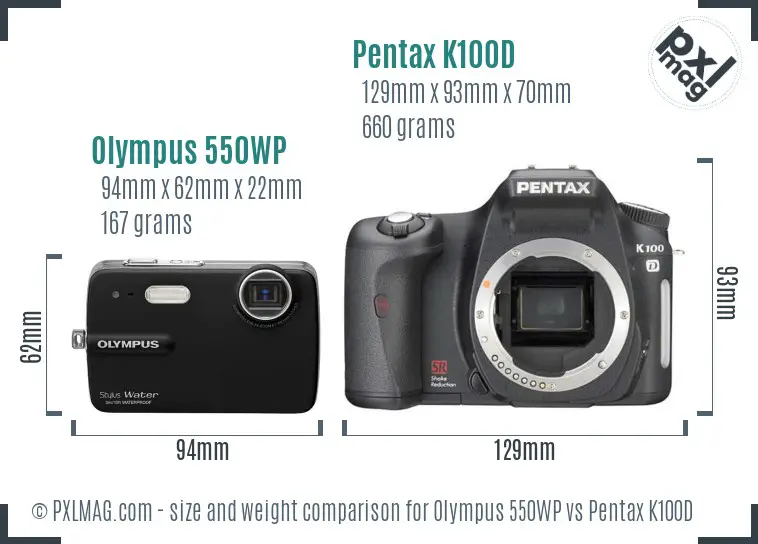 Olympus 550WP vs Pentax K100D size comparison