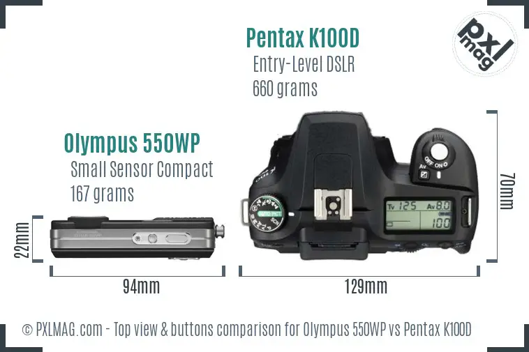Olympus 550WP vs Pentax K100D top view buttons comparison
