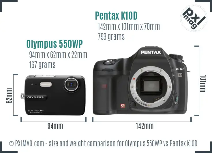 Olympus 550WP vs Pentax K10D size comparison