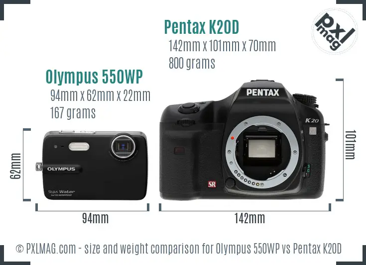 Olympus 550WP vs Pentax K20D size comparison