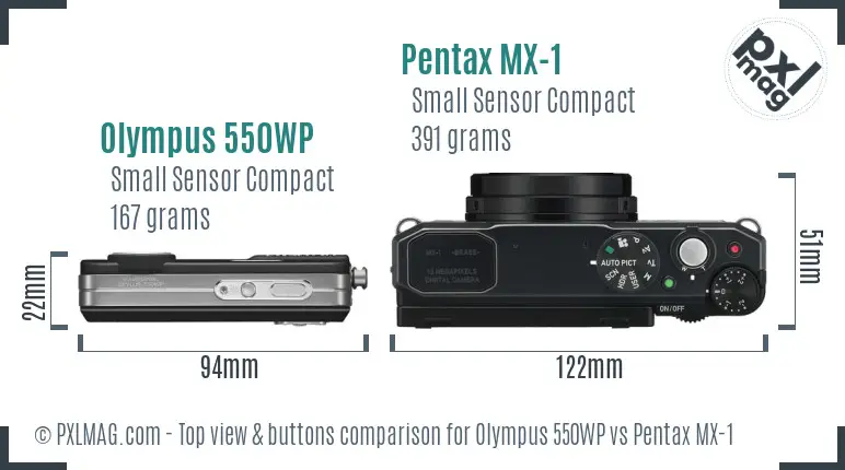 Olympus 550WP vs Pentax MX-1 top view buttons comparison