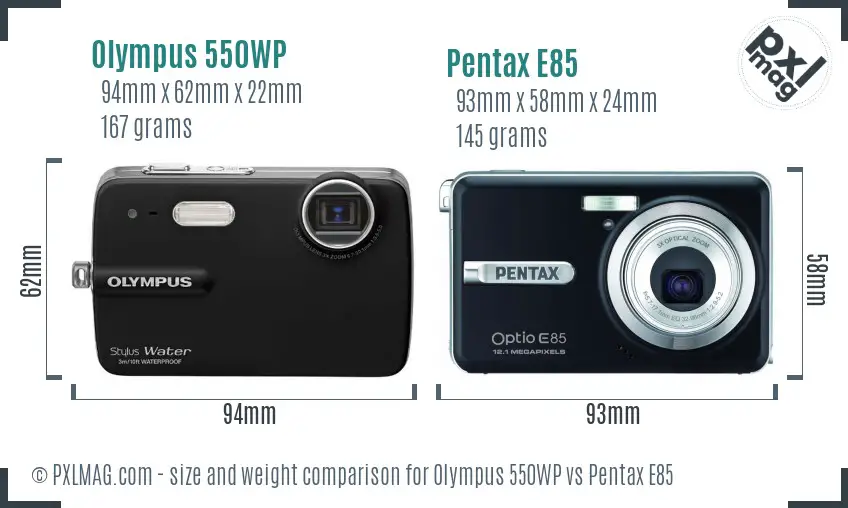 Olympus 550WP vs Pentax E85 size comparison