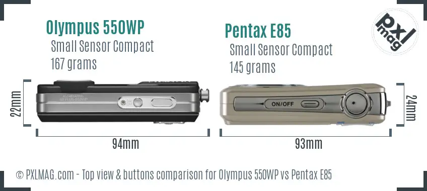 Olympus 550WP vs Pentax E85 top view buttons comparison