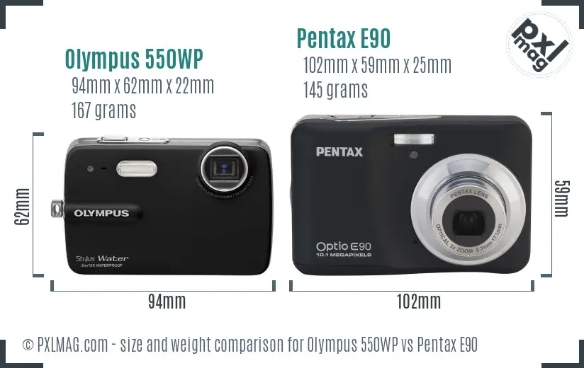 Olympus 550WP vs Pentax E90 size comparison