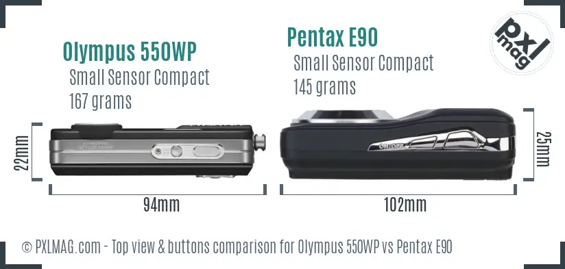 Olympus 550WP vs Pentax E90 top view buttons comparison