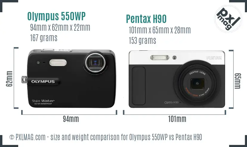 Olympus 550WP vs Pentax H90 size comparison