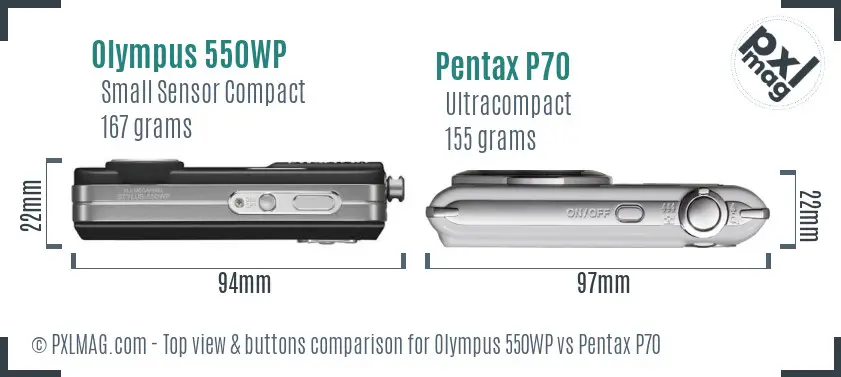 Olympus 550WP vs Pentax P70 top view buttons comparison