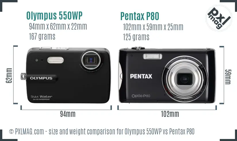 Olympus 550WP vs Pentax P80 size comparison