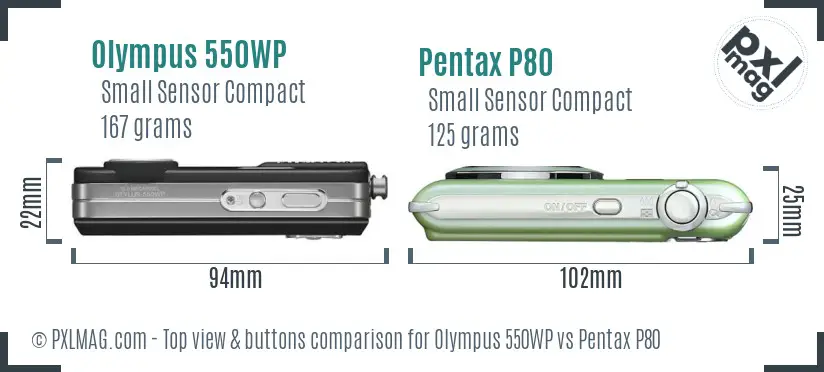 Olympus 550WP vs Pentax P80 top view buttons comparison
