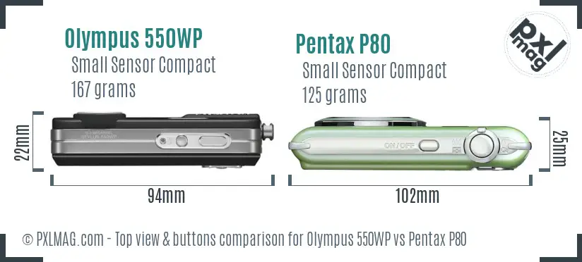 Olympus 550WP vs Pentax P80 top view buttons comparison Olympus 550WP vs Pentax P80 top view buttons comparison