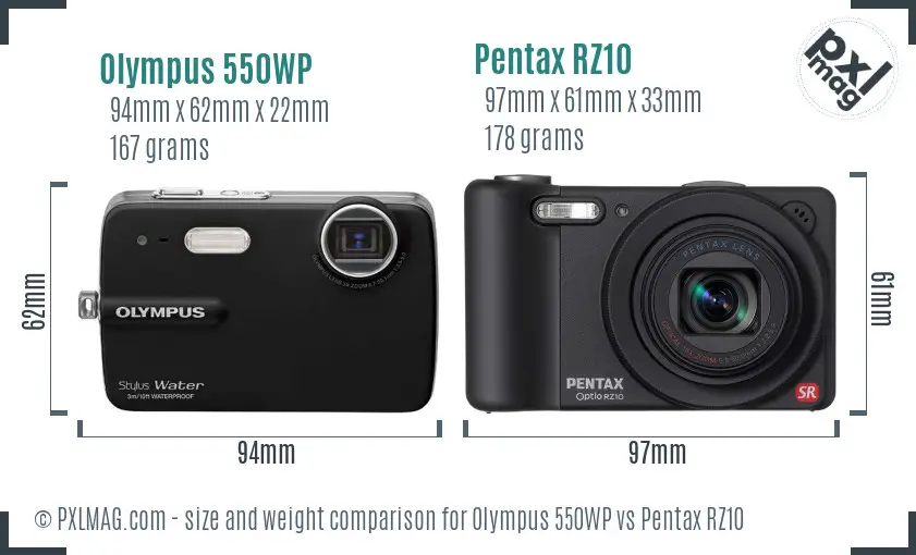 Olympus 550WP vs Pentax RZ10 size comparison