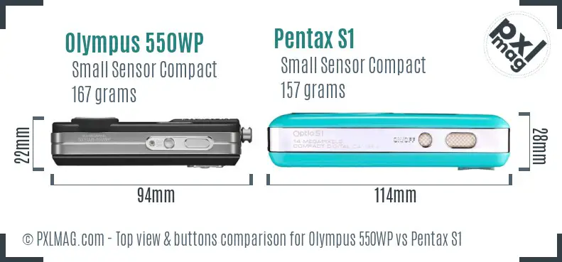 Olympus 550WP vs Pentax S1 top view buttons comparison