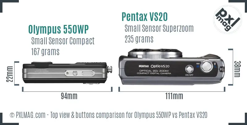 Olympus 550WP vs Pentax VS20 top view buttons comparison