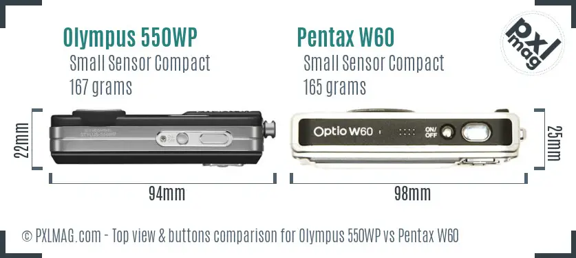 Olympus 550WP vs Pentax W60 top view buttons comparison