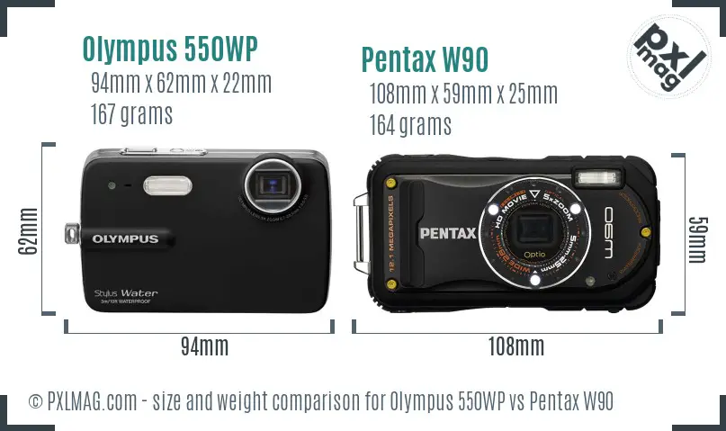 Olympus 550WP vs Pentax W90 size comparison