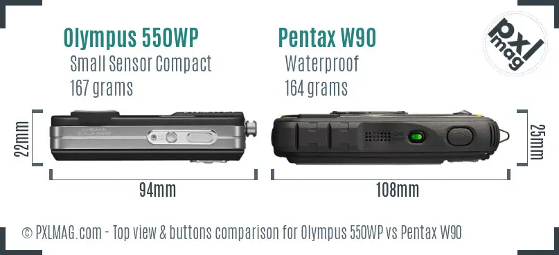 Olympus 550WP vs Pentax W90 top view buttons comparison