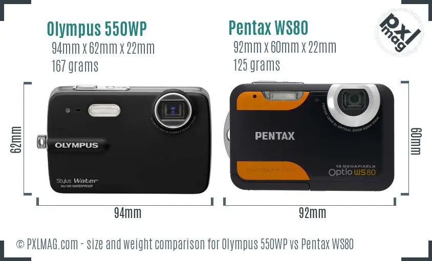 Olympus 550WP vs Pentax WS80 size comparison