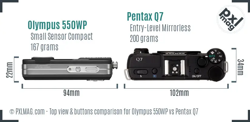 Olympus 550WP vs Pentax Q7 top view buttons comparison