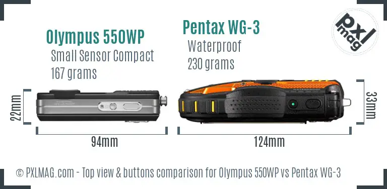 Olympus 550WP vs Pentax WG-3 top view buttons comparison Olympus 550WP vs Pentax WG-3 top view buttons comparison