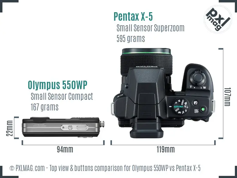 Olympus 550WP vs Pentax X-5 top view buttons comparison Olympus 550WP vs Pentax X-5 top view buttons comparison