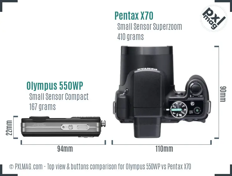 Olympus 550WP vs Pentax X70 top view buttons comparison