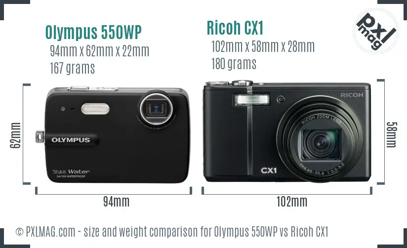 Olympus 550WP vs Ricoh CX1 size comparison