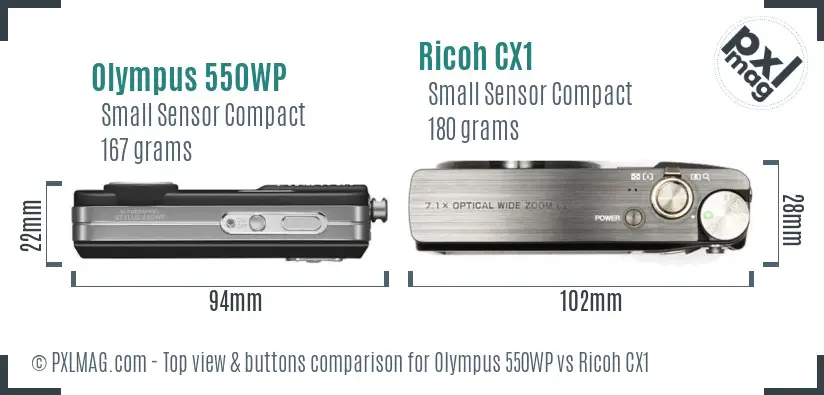 Olympus 550WP vs Ricoh CX1 top view buttons comparison