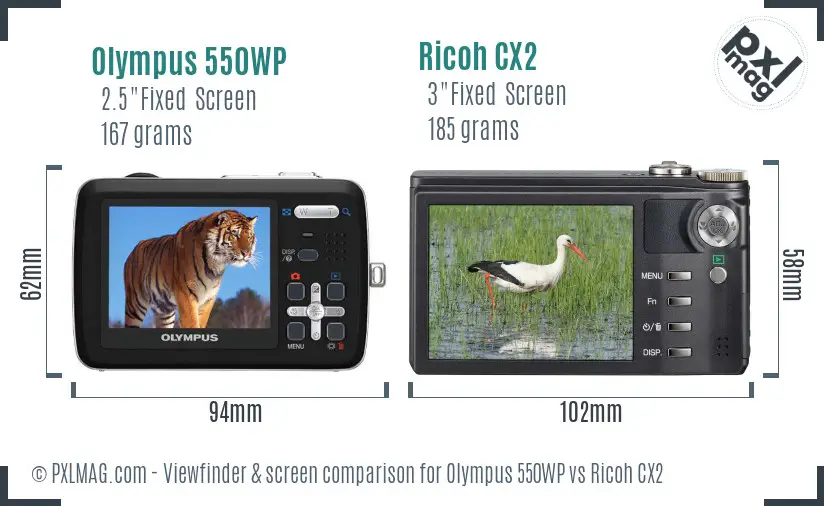 Olympus 550WP vs Ricoh CX2 Screen and Viewfinder comparison