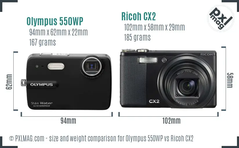 Olympus 550WP vs Ricoh CX2 size comparison