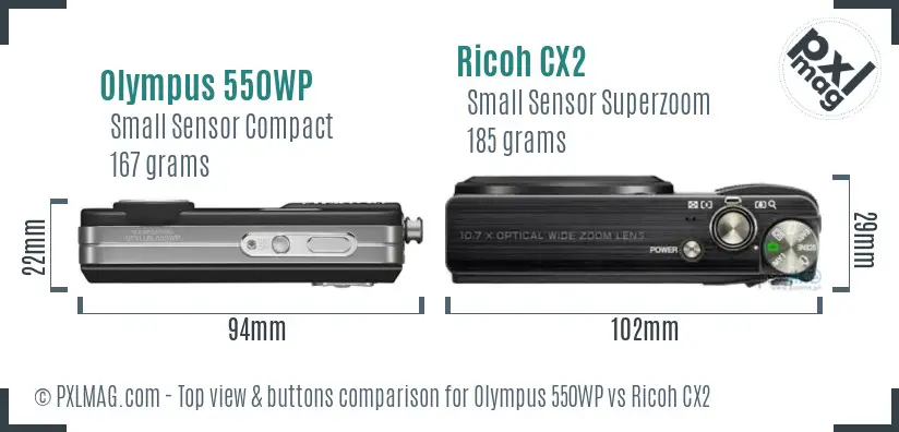 Olympus 550WP vs Ricoh CX2 top view buttons comparison