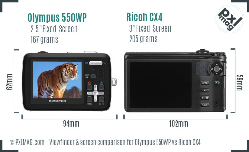 Olympus 550WP vs Ricoh CX4 Screen and Viewfinder comparison
