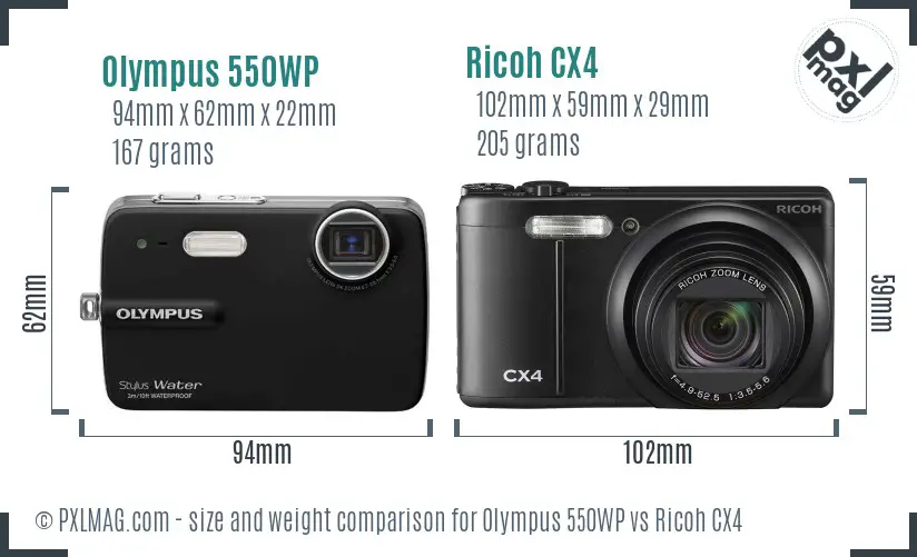 Olympus 550WP vs Ricoh CX4 size comparison