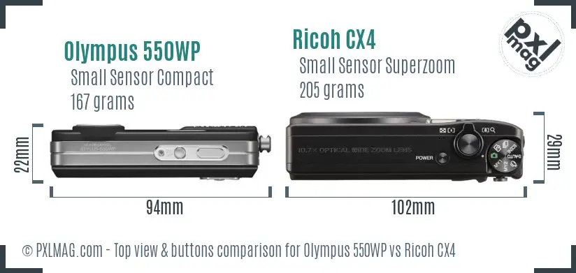 Olympus 550WP vs Ricoh CX4 top view buttons comparison