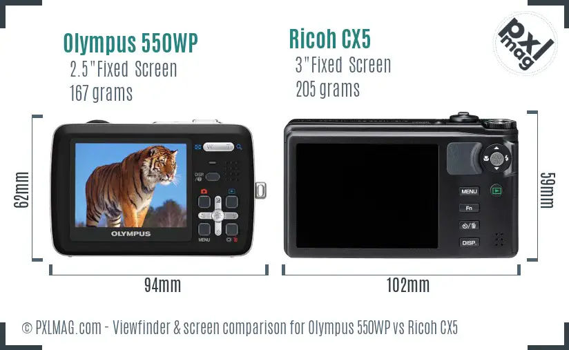 Olympus 550WP vs Ricoh CX5 Screen and Viewfinder comparison
