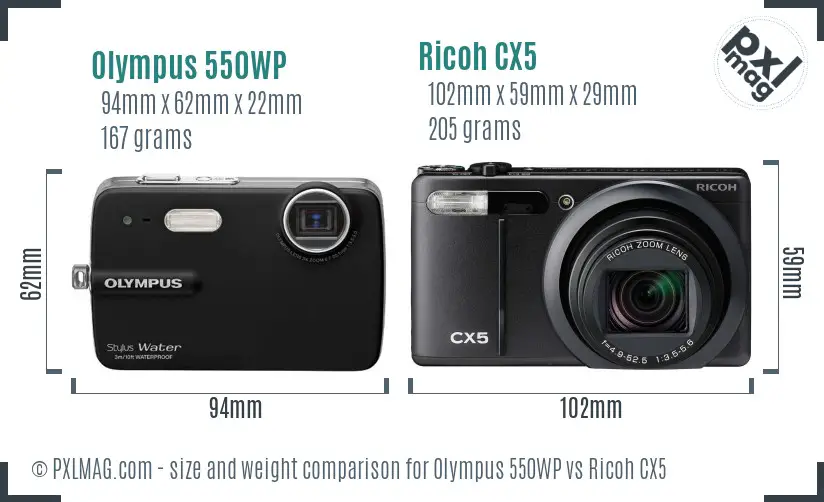 Olympus 550WP vs Ricoh CX5 size comparison Olympus 550WP vs Ricoh CX5 size comparison