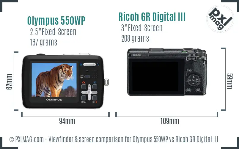 Olympus 550WP vs Ricoh GR Digital III Screen and Viewfinder comparison