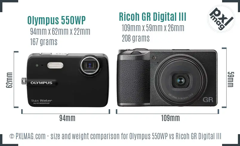 Olympus 550WP vs Ricoh GR Digital III size comparison