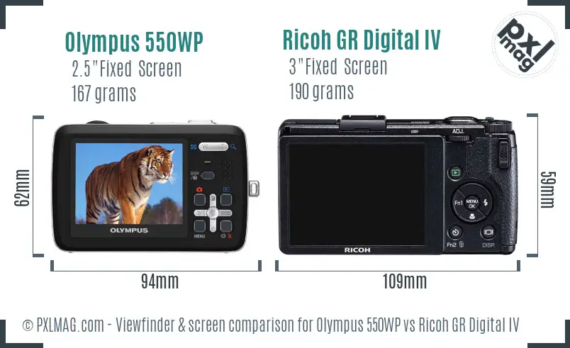 Olympus 550WP vs Ricoh GR Digital IV Screen and Viewfinder comparison