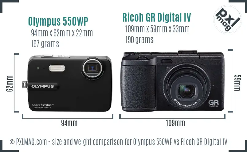 Olympus 550WP vs Ricoh GR Digital IV size comparison