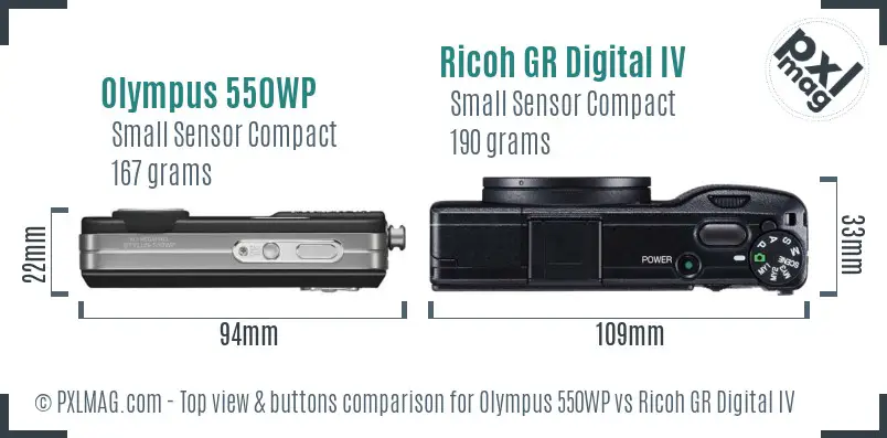 Olympus 550WP vs Ricoh GR Digital IV top view buttons comparison